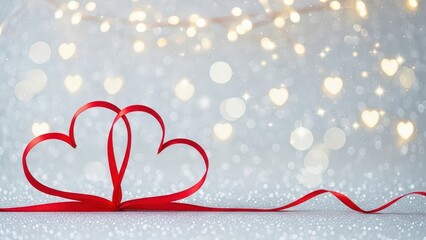 A romantic image of two intertwining red ribbon hearts on a sparkling background