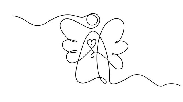 Simple vector Christmas angel with heart, continuous one line drawing animation, print for clothes and logo design video, Full length line animation. 4K video
