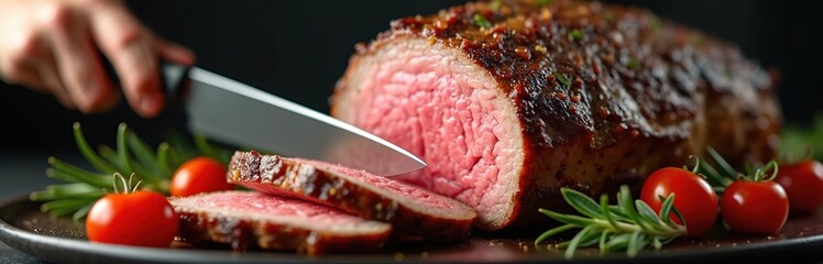 Juicy roast beef carved with knife on plate. Fresh rosemary and cherry tomatoes garnish tasty meat. Close up shot of meat preparation for dinner or lunch meal.