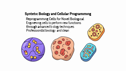 Diverse cellular illustrations paired with text on synthetic biology and cellular programming