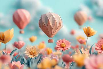 Pastel color origami hot air balloons flying over flower fields banner, soft spring illustration ideal for website headers, branding, social media, advertising, nursery decor, invitations and seasonal
