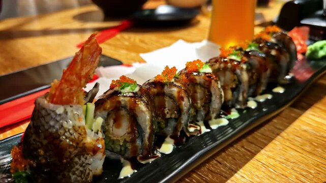 Closeup Of Fusion Roll Sliced And Served On Black Plate At Wooden Restaurant Table.
