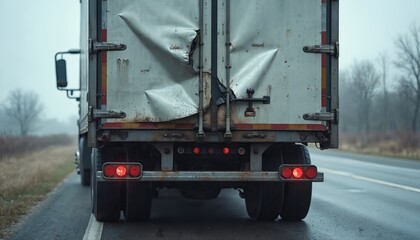 Damaged truck trailer sits on wet road after accident. Crumpled metal doors, broken lights, and bent frame indicate severe impact. Foggy weather surrounds the scene.