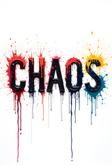 Chaos text splash dripping colorful paint on white