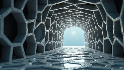 Geometric Architectural Tunnel With Hexagonal Patterns And Bright Light Shining Through Archway
