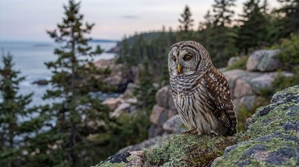 Barred Owl Perched on Coastal Cliff