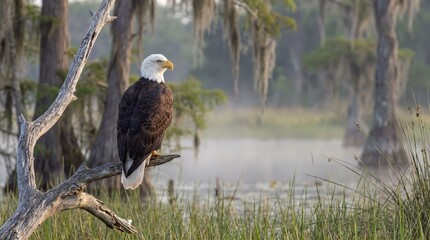 Majestic Bald Eagle in Serene Wetland Morning