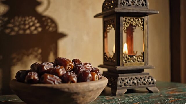 Bowl of dates and ornate lantern with mosque shadow