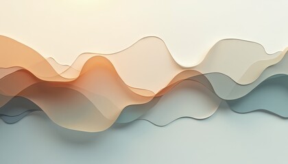 Abstract flowing translucent waves of warm orange and cool blue hues create a serene layered landscape with soft diffused light