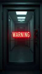 Warning sign glowing on glass door of restricted area