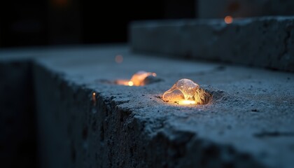 Close up of glowing embers on concrete steps at dusk with sparks flying and soft ambient light highlighting the textured surface
