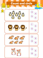 Counting game of wild animals for preschool kids. Printable. Vector Illustration