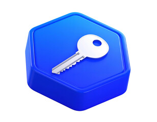 A 3D blue hexagon with a white key icon on a black background