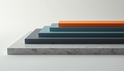 Stacked Layers of Abstract Shapes in Neutral Tones with Orange Accent and Concrete Base on White Background