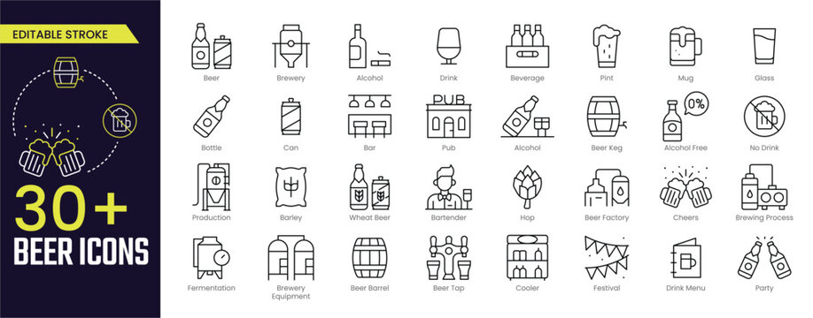 Beer Stroke icon collections. Containing Brewery, Alcohol, Drink, Mug, Glass, Beer Keg, Process, Beer Tap, and Beer Factory icons. Editable Stroke icon collection Outline icon