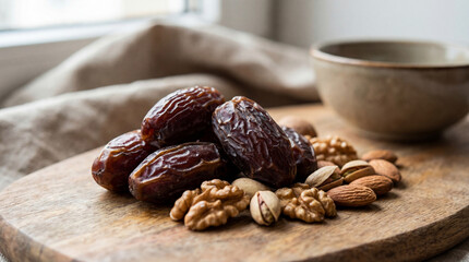 Closeup of dried dates walnuts almonds and pistachios arranged on rustic wooden board near sunlit window