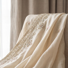 Luxurious embroidered linen fabric draped over chair detail in soft light