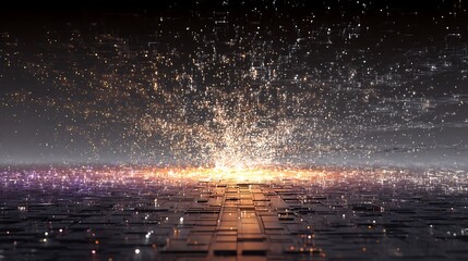 A digital landscape glows with light and data particles, ascending to a dark expanse