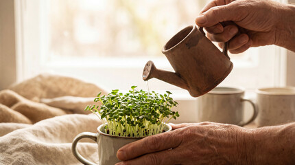 Hands watering fresh microgreens growing in ceramic mug near window light
