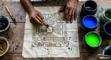 Sri Lankan batik artisan drawing computer circuit board pattern with hot wax. handcrafted technology concept.