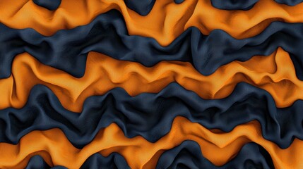 A vibrant abstract design featuring a repeating pattern of orange and black waves.