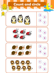 Fototapeta premium Counting game of wild animals for preschool kids. Printable. Vector Illustration