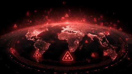 Digital Earth globe overlaid with red hazards and warnings, representing threats