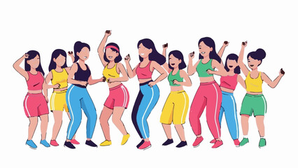 Obraz premium Diverse group of women in bright activewear joyfully dancing together in unison