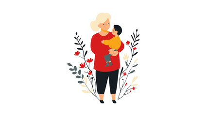 A loving grandmother holding a baby surrounded by beautiful flowers