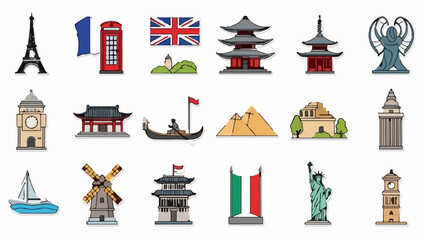 Collection of iconic world landmarks and cultural symbols presented as colorful illustrations on white