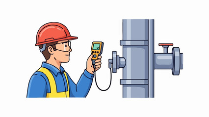 Engineer in hard hat uses device to check industrial pipe and valve