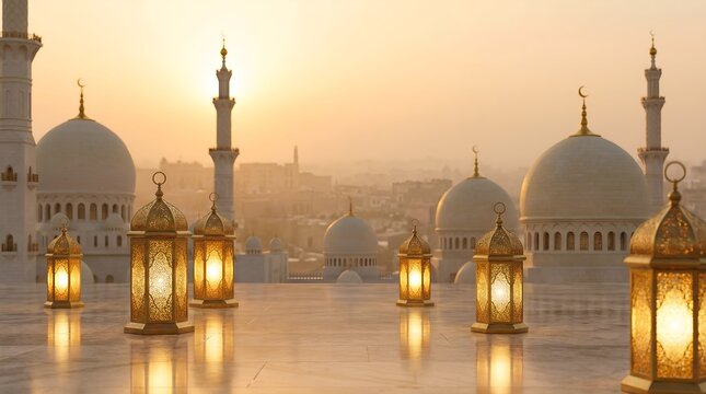 Golden ramadan lanterns on rooftop with mosque domes at sunset