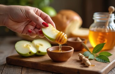 Woman dips apple slice in honey for Rosh Hashanah tradition. Sweet honey drips onto wooden board near challah bread and fresh green apples, celebrating Jewish New Year.