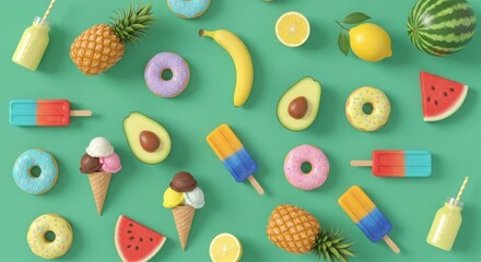 Colorful Summer Food Pattern with Donuts, Ice Cream, and Fruit on Green Background