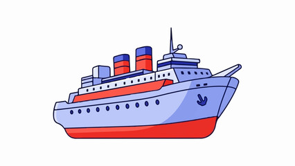 Obraz premium Cartoon-style cruise ship with red and blue accents sails on white