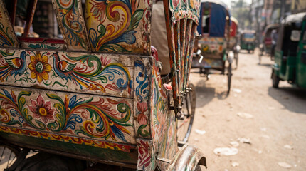 Traditional rickshaw with colorful hand painted floral art on busy street in Dhaka