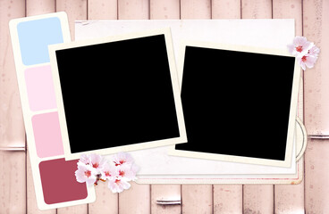 Horizontal background with two retro photo frame and sakura flower on bamboo texture. Moodboard pictures album for scrapbooking. Vintage style spring mood board layout way to express creativity