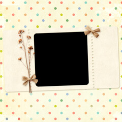 Nostalgic scrapbooking banner with moodboard pictures for scrapbooking. Retro background with paper texture, dry pressed leaves, flowers, linen bow and frame photo. Vintage style mood board layout