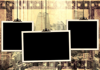 Grunge background with old paper texture, retro filmstrip frame and skyscrapers. Horizontal retro banner with film reel and urban scene. Vintage retro backdrop with paper texture and metropolis