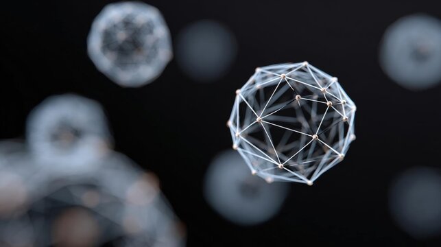 Group of spherical objects floating in the air against a black background. the objects appear to be made up of interconnected lines and dots, creating a network-like structure.