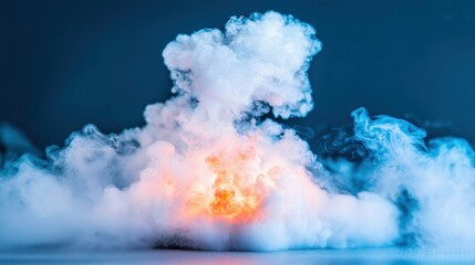 A dramatic explosion of white and orange smoke against a dark blue backdrop.