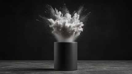 A black cylindrical container filled with white powder, causing a dramatic explosion.