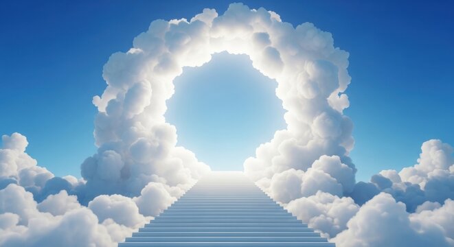 Heavenly Stairway Leading to Bright Cloud Arch Portal in Blue Sky