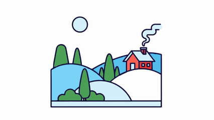 Obraz premium Cozy winter scene with a red house on a snowy hill, sun overhead