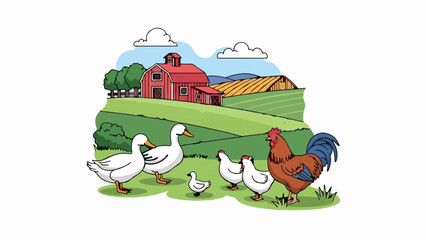 Farm animals gather near a red barn under a blue sky with clouds