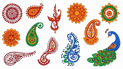 Collection of stylized floral, paisley, and peacock designs in vibrant colors