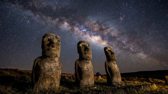 Mystical Moai Under the Stars:  Three enigmatic moai statues stand stoically beneath the vast, star-studded expanse of the night sky, their silhouettes etched against the shimmering Milky Way. 