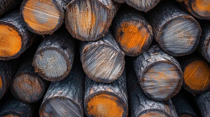 A close up view of a pile of rough unvarnished timber logs showing distinct textures and natural wood grain