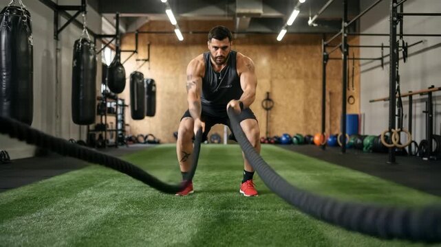 Muscular man with beard performs battle ropes workout in modern gym bright lighting and fo