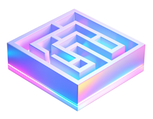 Isometric, square maze with holographic color gradient, dark background
